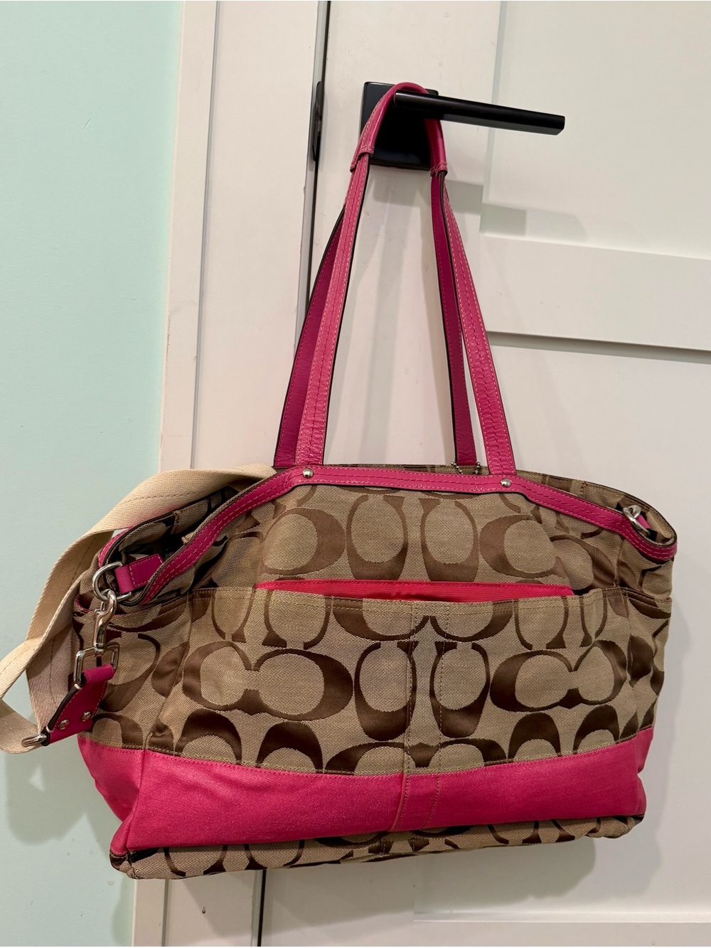 Coach Brown Signature Canvas Tote with Pink Trim and Handles